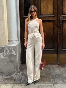 SHEIN BAE Women's Solid Color Asymmetric-Shoulder Top And Pants Suit Autumn Winter Clothes For Women - White - View 4