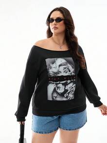 SHEIN EZwear 性感女士图案加大码露肩宽松休闲运动衫，适合秋冬季 - 黑色 - 查看 5