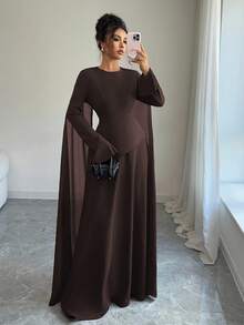 Elenzga Váy kiểu Pháp cổ điển thanh lịch phong cách Trung Đông dành cho nữ, gồm váy nhiều lớp, dây buộc eo có thể điều chỉnh, tay chuông và vạt vai, thích hợp cho các bữa tiệc, mùa xuân/thu/đông - Màu nâu Sô-cô-la - Xem 3