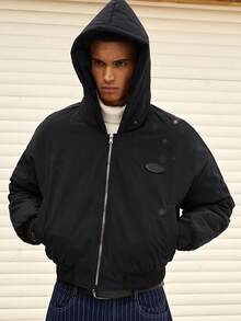 Manfinity VCAY 男式字母图案拉链连帽休闲冬季夹克 - 黑色 - 查看 5