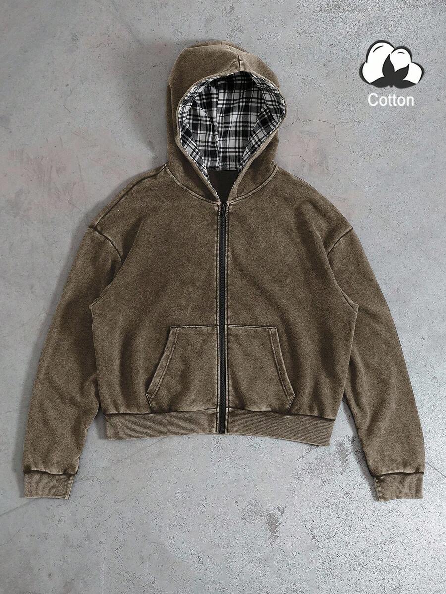 PAVTROS 男士纯色复古时尚长袖拉链休闲连帽卫衣，秋季款 - 咖啡棕 - 查看 1