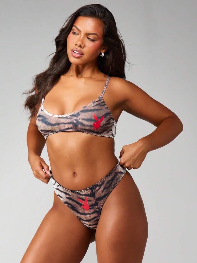 Missguided x Playboy Women Tiger Print Triangle Bralette Soft Cup Wireless Thong Set Comfortable Animal Print High Cut Brief Intimate Lingerie Two Pieces Underwear Set
