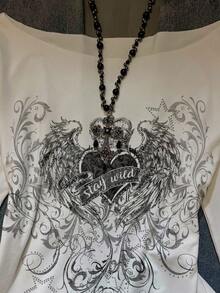SHEIN EZwear 休闲复古朋克时尚百搭舒适 Y2K，白色秋季新款圆领斜肩磨边印花长袖性感不对称领口卷边套头衫复古心形皇冠花卉印花 T 恤女款 - 彩色 - 查看 3