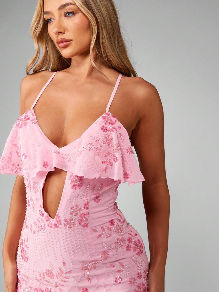 MISSGUIDED Ruffle Detail Mini Dress With Front Cut Out Embellished Sequin Floral Pattern Party Evening Wedding Guest Holiday Summer Night Out