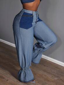 Slaydiva Quần jean ống rộng thời trang cạp cao thiết kế khóa kéo viền nhún cho nữ cỡ lớn - Rửa tối - Xem 1
