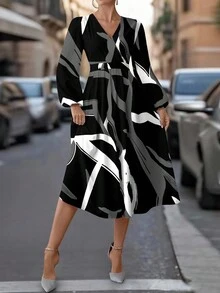 SHEIN Clasi 女士抽象艺术印花长裙，适合通勤和户外穿着 - 彩色 - 查看 7