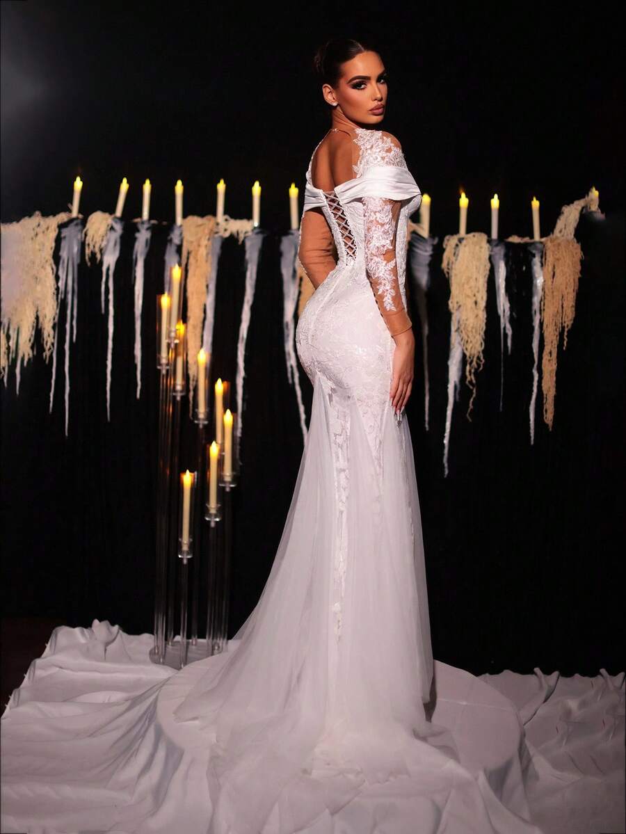 Glamrae Váy maxi đuôi cá dài tay trễ vai thêu hạt cườm trắng sang trọng, gợi cảm, dáng suông, dáng xòe rộng, phù hợp cho mùa cưới, váy cưới, những dịp trang trọng - trắng - Xem 1