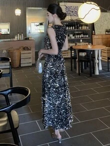 DAZY 女士亮片韩版无袖圆领礼服，适合宴会、舞会、吊带裙、闪亮连衣裙、长款连衣裙 - 銀色 - 查看 3