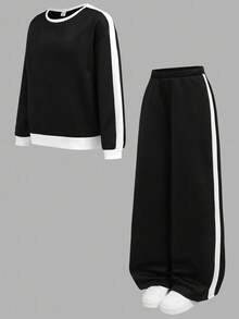 2 件套青少年女孩休闲运动家居服运动衫和阔腿运动裤套装，拼色超大圆领长袖连帽衫和裤子返校装，黑白