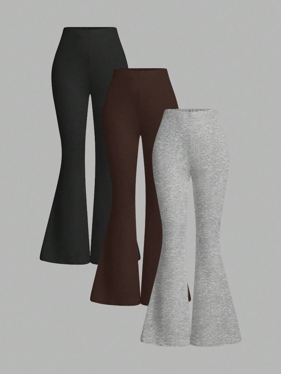 SHEIN PETITE 3 条装 合身腰部松紧带 弹力腰部喇叭裤套装 紧身女式长裤 - 彩色 - 查看 1