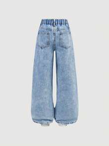 SHEIN Tween Girl Light Blue Graffiti Patterns Loose Denim Jeans,Y2k Vintage Summer Streetwear,Back-To-School School Dailywear Smiling Faces Hearts Flowers - Blue - View 3