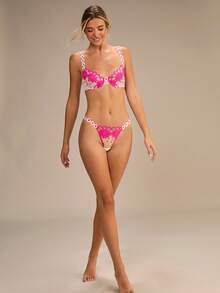 Enchnt 2件套女士刺绣蕾丝性感内衣套装 - 玫紅色 - 查看 3