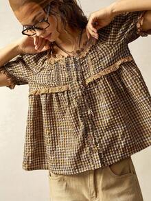 Bohemela 休闲编织格子泡泡短袖V领宽松女式衬衫 - 彩色 - 查看 3