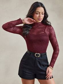 Wildy BOHO Fall Tops Chic Tops Elegant Burgundy Mesh Sheer Lace American Country Music Festival Top - Burgundy - View 5