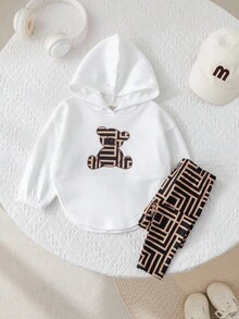 SHEIN Baby Mädchen süßes lässiges Set aus Langarm T-Shirt mit Cartoon Muster und karierter Hose