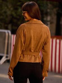 lacRébo Spring Summer Faux Suedette Camel Oversized Belted Jacket Fall Women Spring Summer Premium Jacket Business Casual Going Out - Brown - View 2