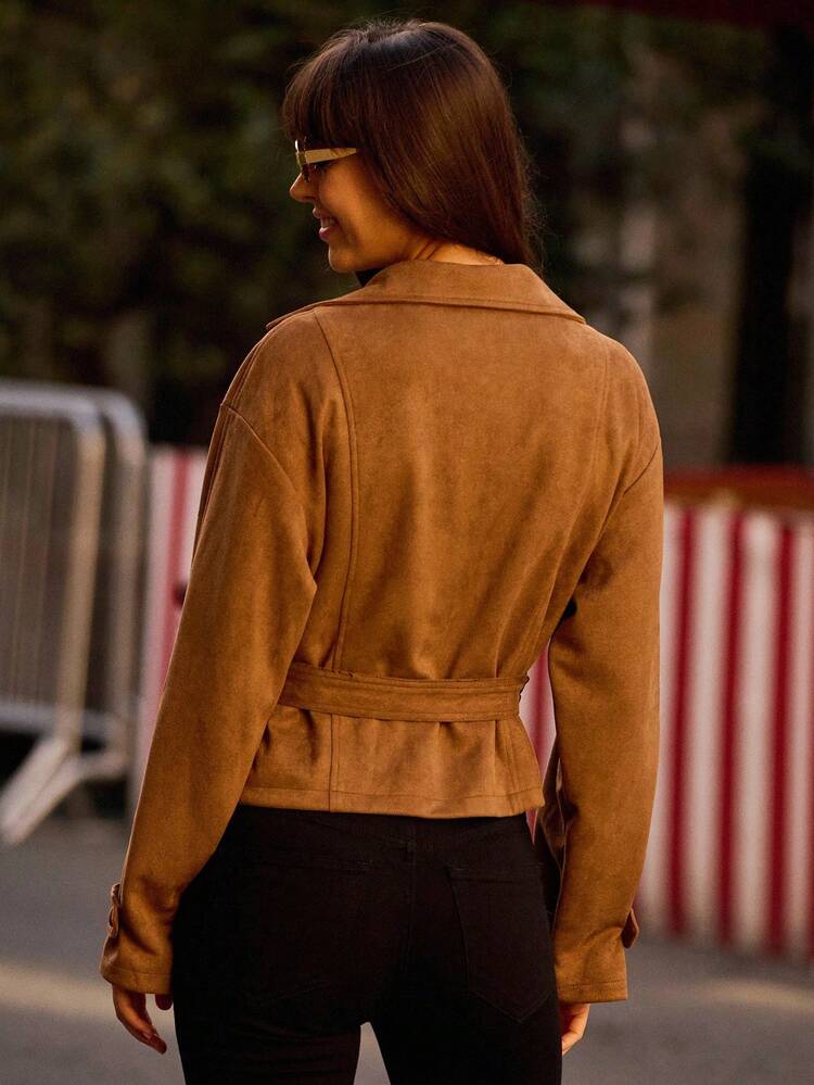 Spring Summer Faux Suede Camel Oversized Belted Jacket Fall Women Clothes Spring Summer Premium Jacket Business Casual Outfits Going Out Outfits