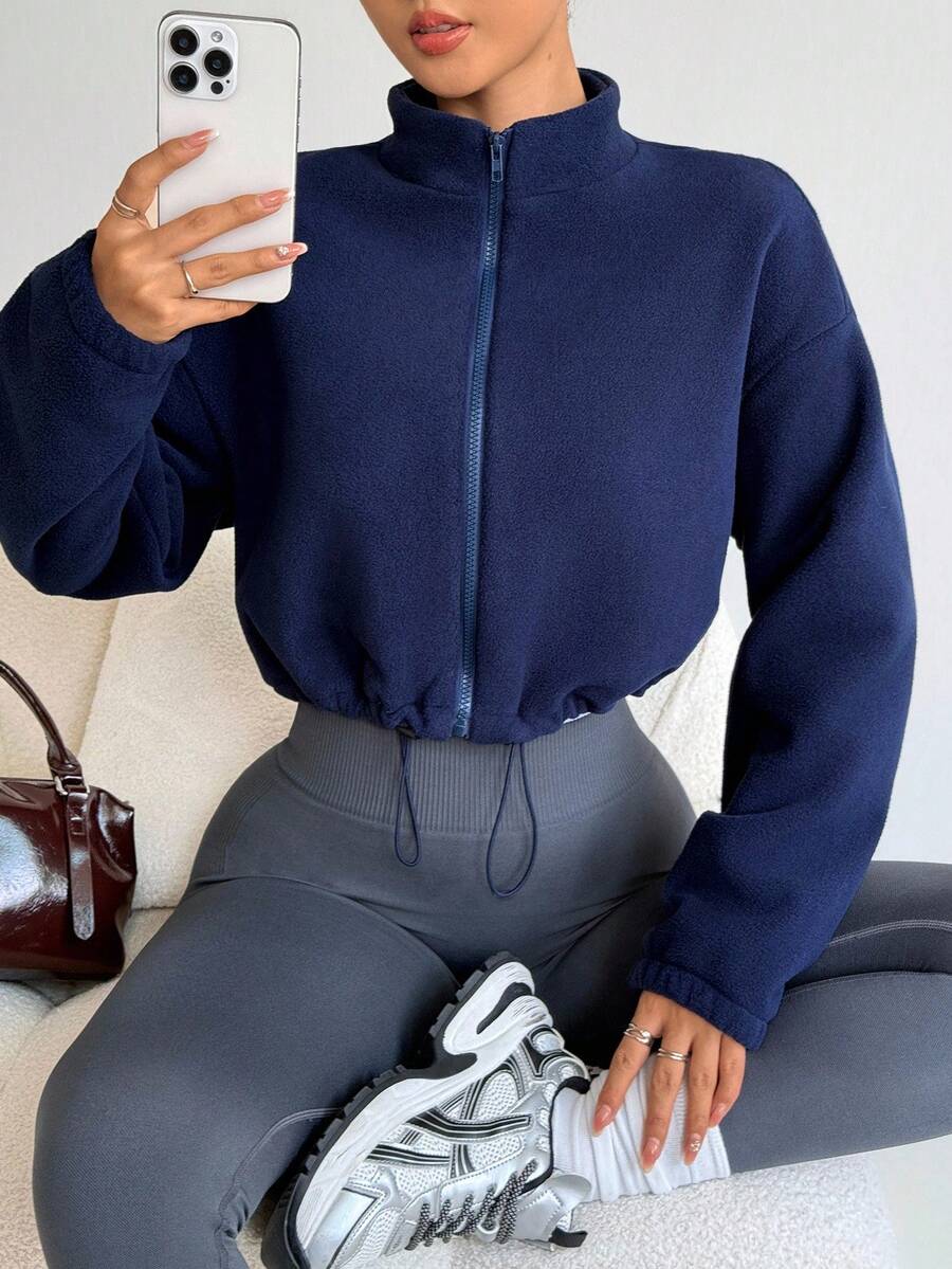 Dewbera Dewbera Chaqueta deportiva corta de unicolor con cordón para mujer, otoño/invierno - Azul Marino - Ver 1