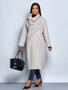 SOLERSUN Women's Simple Commuter Wool Jacket For Winter Long Sleeve Collar Can Be Worn Three Times As A Belt Scarf Asymmetrical Hem Long Tweed Jacket - Grey - View 7
