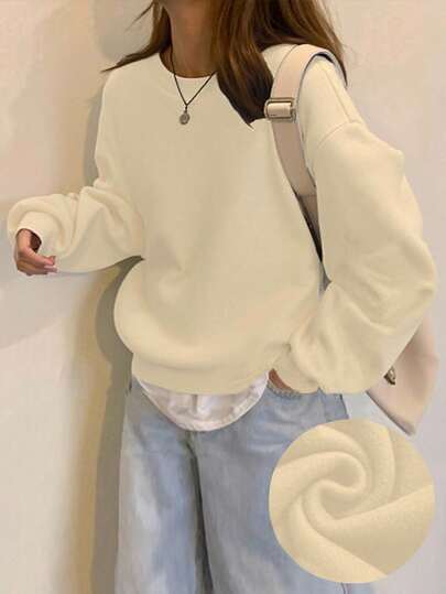 INAWLY 女式纯色圆领落肩长袖休闲宽松套头衫