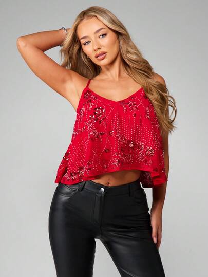 MISSGUIDED Świąteczna, czerwona, zdobiona cekinami koszulka na ramiączkach, bez rękawów, z kwiatowym wzorem, wieczorowa, klubowa, luźna, krótka koszulka na ramiączkach