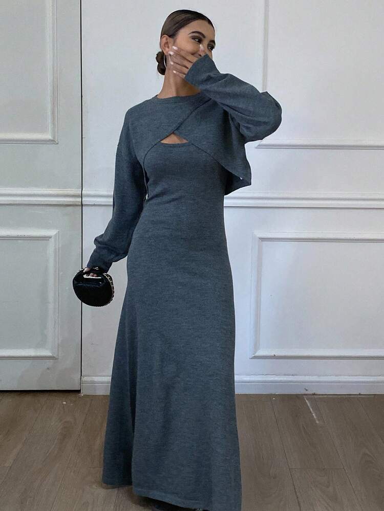 2pcs Women's Autumn/Winter Solid Color Cropped Sweater & Knit Dress Set