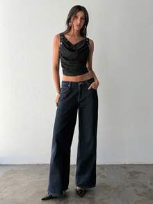Aloruh Women's Solid Color Cowl Neck Eyelet Design Cropped Tank Top Black Crop Top Women Buckle Top Tops Cute Women Tops Cute Tops Party/Nightclub/Y2K - Black - View 6