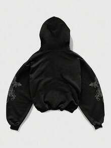 ROMWE MEN Goth Men's Y2K Casual Fashion Street Punk Cross & Letter Print Zip-Up Hoodie Sweatshirt, Fall/Winter, Long Sleeve Top - Black - View 2