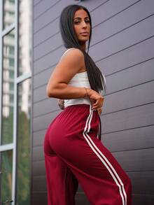 SAYEHFBABY 女式宽松抽绳直筒裤，侧条纹 - 酒紅色 - 查看 5