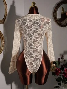 Y2K Amplova 浪漫圣诞新年感恩节派对女士蕾丝拼接巴洛克风格透视深V领系带连体衣