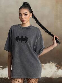 BATMAN X SHEIN Men's Casual Bat Print Round Neck Short Sleeve T-Shirt, Summer