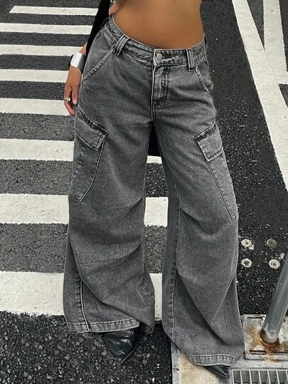 DAZY Jeans cargo de talle bajo con bolsillos grandes Y2K para mujer