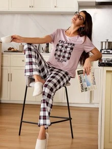 Women's Pajama Set With Slogan, Plaid And Print Design - Multicolor - View 5