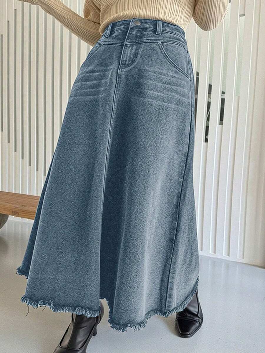 Dazy Plus 水洗猫须毛边A字长款牛仔半身裙，四季皆宜 - 淺色水洗藍 - 查看 1
