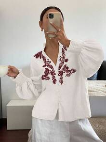 Serisse 女士度假休闲白色刺绣纽扣衬衫 - 白色 - 查看 3