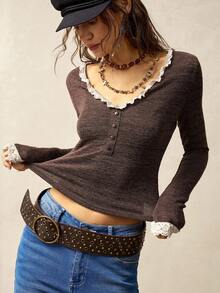 Bohemela Women's Solid Color V-Neck Long Sleeve Cropped T-Shirt, Casual For Autumn, Winter, Halloween, Music Festivals,Brown Top - Brown - View 2