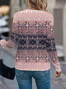EMERY ROSE Kaos Kasual Lengan Panjang Leher Bulat Motif Bunga Ukuran Besar untuk Wanita, Kaos Grafis Musim Semi Musim Panas untuk Wanita - MultiWarna - View 2