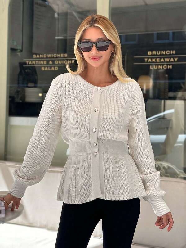 EURMUSE Women Solid Color Front Button Round Neck Cardigan
