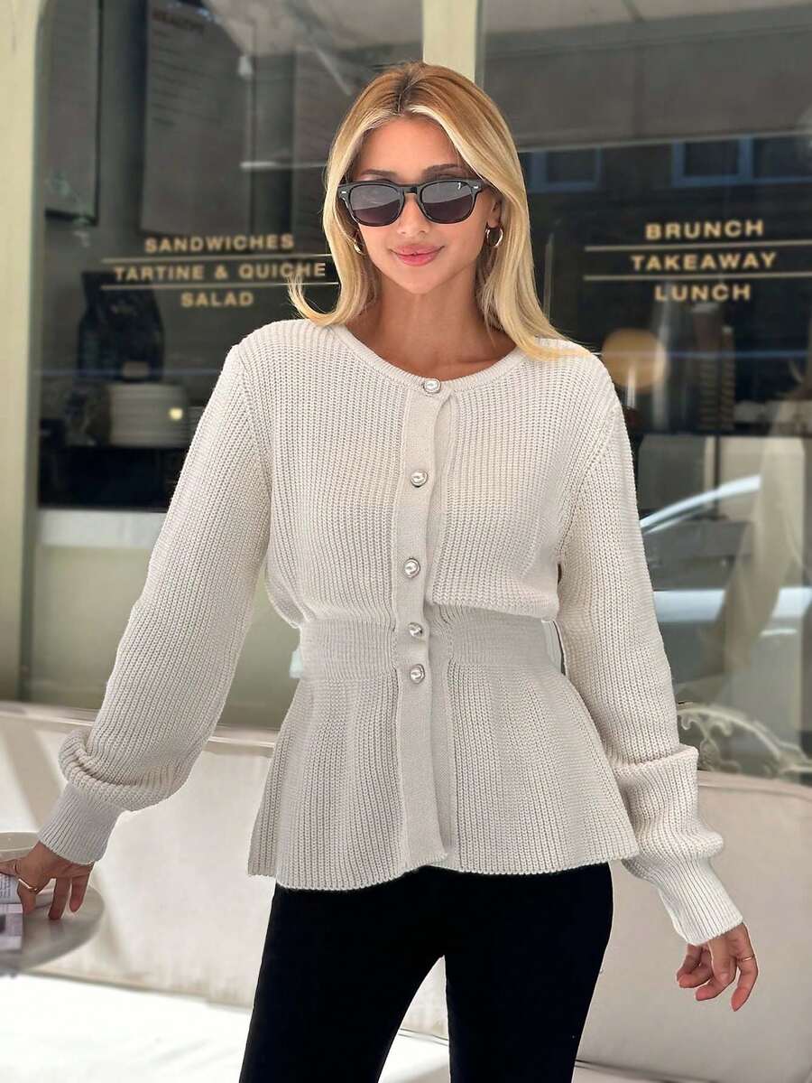 EURMUSE Women Solid Color Front Button Round Neck Cardigan - Beige - View 1