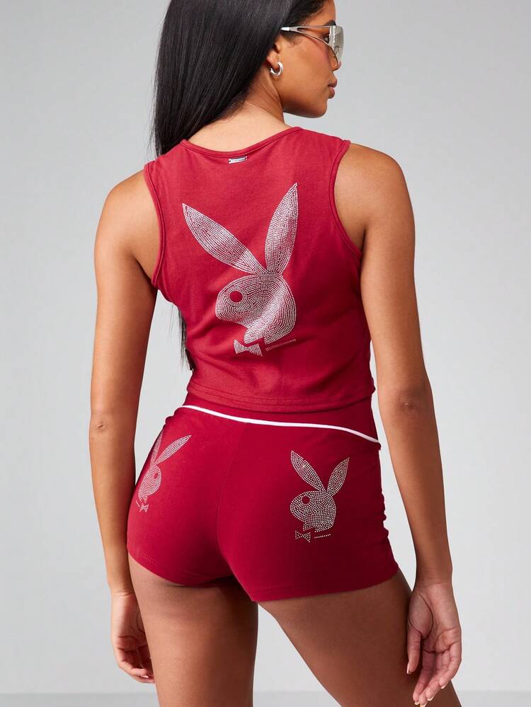 Missguided x Playboy Christmas Sleeveless Cropped Tank Top Retro Rhinestone Bunny Design High Neck Fashion Summer Streetwear With Notched Neckline And Crystal Embellishments