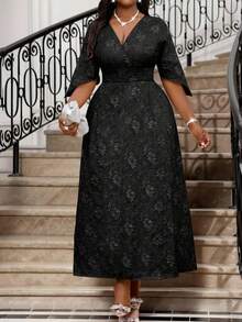 SHEIN Lady 春夏秋冬优雅派对通勤办公室彩色编织缺口舞会礼服短袖卡夫坦连衣裙大码连衣裙 - 黑色 - 查看 3