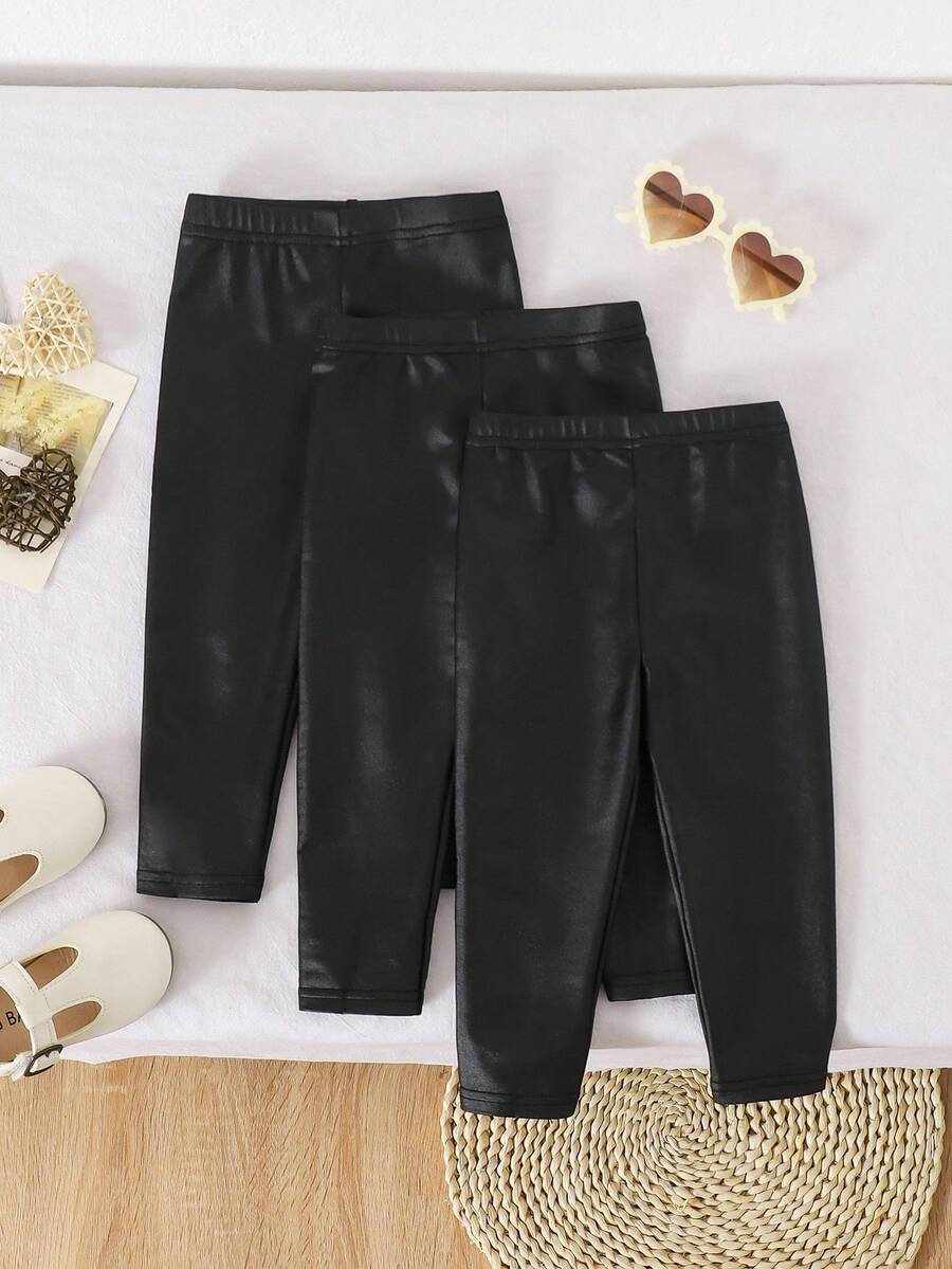 SHEIN Babygirl 百搭可爱休闲黑色针织闪亮松紧腰裤 - 黑色 - 查看 1