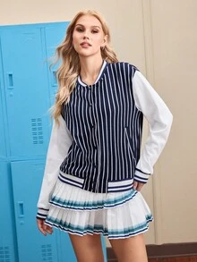 Streetz SHEIN Sport Striped Print Front Button Fashionable Long Sleeve Sports Jacket - Blue and White - View 5