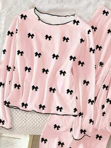 SHEIN 青少年女孩两件套睡衣套装，优雅时尚柔和粉色和黑色蝴蝶结，简约渐变波浪边，长袖上衣和裤子，休闲家居服 - 粉色 - 查看 3