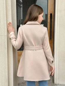 SHEIN Serisse Kids Tween Girls Classic Lapel Double-Breasted Cinched Waist Mid-Length Overcoat, Suitable For Weekend, Casual Outing, Back To School, Autumn/Winter