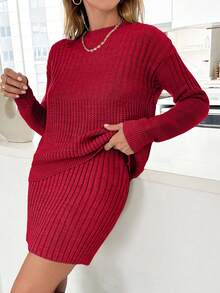 EURMUSE Casual Rib Knit Sweater & Mini Rib Knit Sweater Skirt Co-Ords - Red - View 6