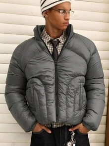 SWAVVY Men's Solid Color Zip-Up Casual Short Winter Jacket - Black - View 5