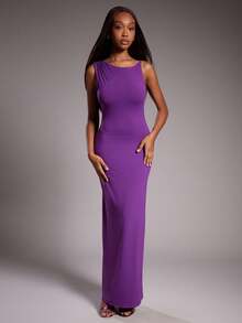 NYA SZN Dress Short Sleeve Asymmetrical Maxi Length Fitted Bodycon Night Out Modest Guest Outfits For Women - Purple - View 2