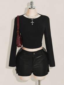 SHEIN ICON Women's Plus Size Solid Color Long Sleeve Chinese Dragon Mesh Open Back Y2K Millennial Style Sexy Street Avant-Garde Fashion Bold Slim Black T-Shirt/Fall/Winter