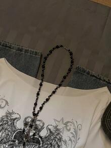 SHEIN EZwear 休闲复古朋克时尚百搭舒适 Y2K，白色秋季新款圆领斜肩磨边印花长袖性感不对称领口卷边套头衫复古心形皇冠花卉印花 T 恤女款 - 彩色 - 查看 5